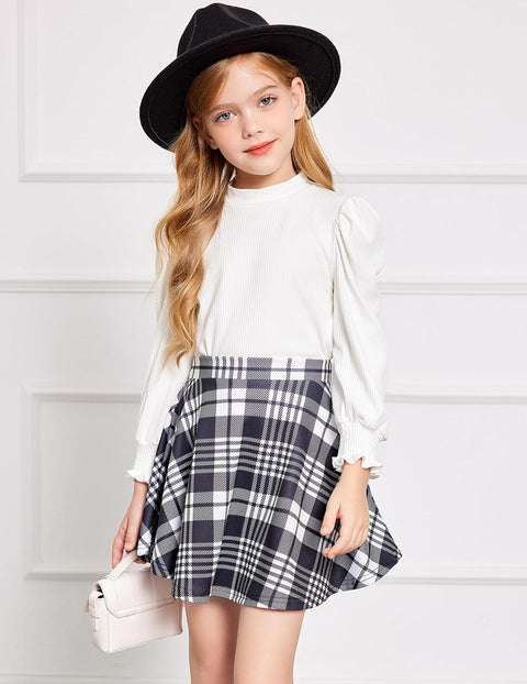 Arshiner Girls Skirt Set Winter Fall Outfits Rib Knit Puff Sleeve Tops and Flared Mini Skirts with Pockets 2 Piece clothes