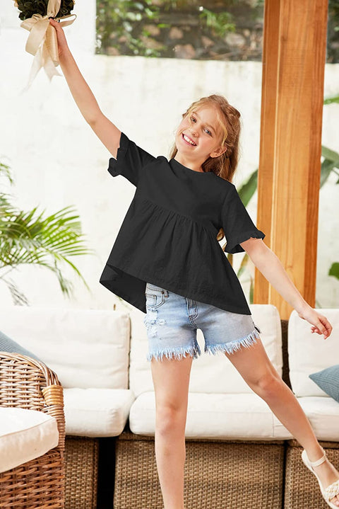 Arshiner Girls Cotton Linen Short Sleeve Blouses Ruffles Tunic Tops Summer Beach Tee Shirt