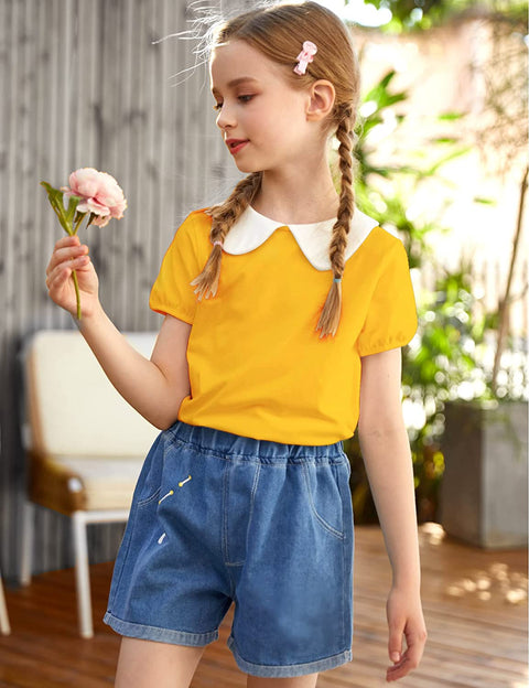 Arshiner Girls Long/Short Sleeve Tops Basic Peter Pan Collar T-Shirts Soft Blouses Tees