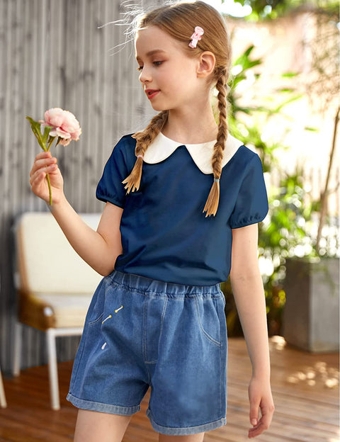 Arshiner Girls Long/Short Sleeve Tops Basic Peter Pan Collar T-Shirts Soft Blouses Tees