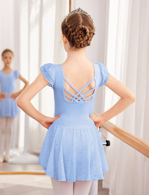 Arshiner Girls Shiny Ruffle Sleeve Ballet Leotard with Skirt