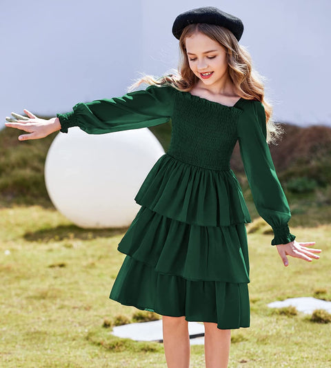 Arshiner Girls Long-Sleeve Tiered Dresses Square Neck Lantern Smocked Ruffle Layered Tie Back Dress