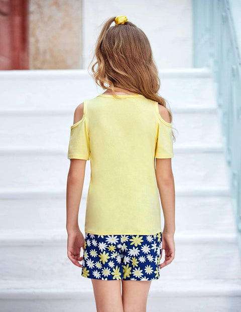 Arshiner Girls 2 Piece Outfits Cold Shoulder Tie Knot T-Shirt and Shorts Set