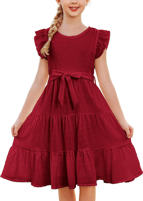 Arshiner Girls Summer Dresses Ruffle Sleeve Swiss Dots Flared Tiered Casual Dress with Belt