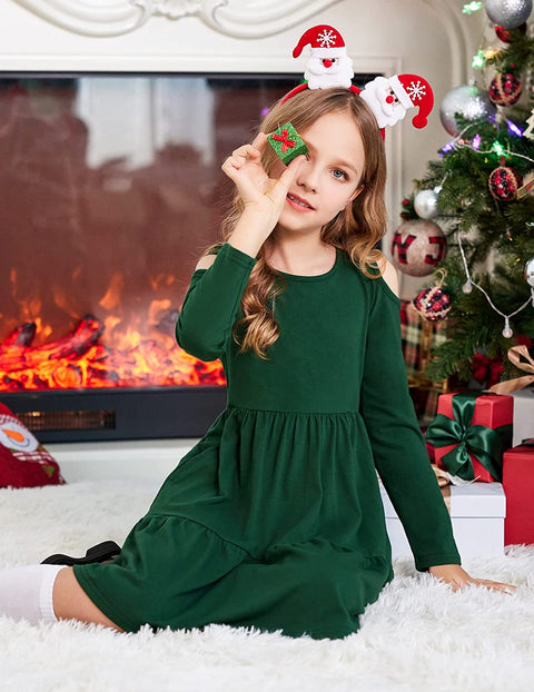 Arshiner Girls Long Sleeve Cold Shoulder Tiered Ruffle Pleated Pockets Dress for 4-14 Years