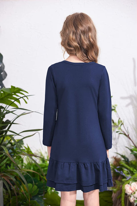 Arshiner Girls Cotton Long Sleeve A-Line Ruffle Hem Dress