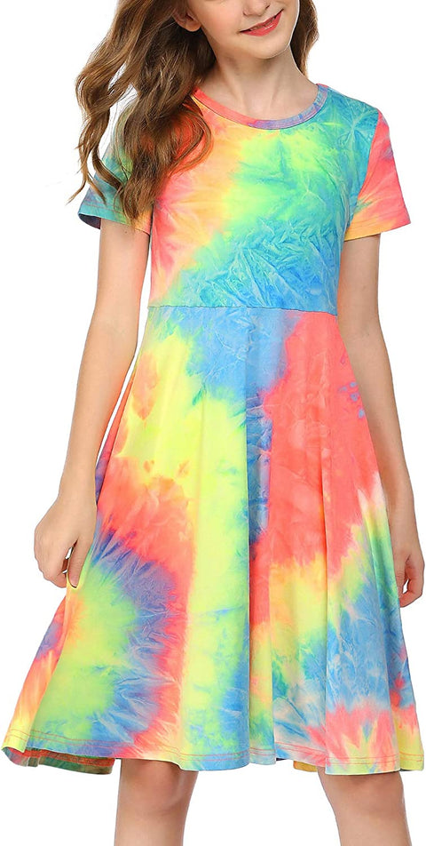Arshiner Girls Floral Dress Short Sleeve Summer Dresses Skater Twirl Sundress for Girls 4-13 Years