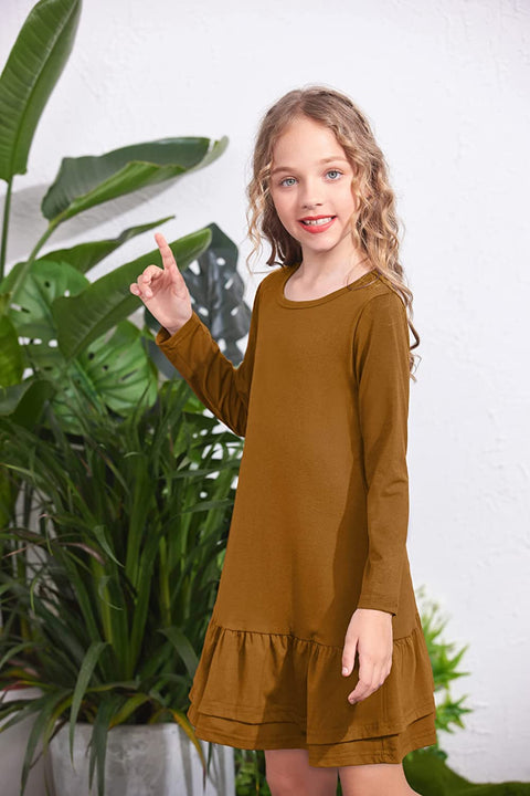 Arshiner Girls Cotton Long Sleeve A-Line Ruffle Hem Dress