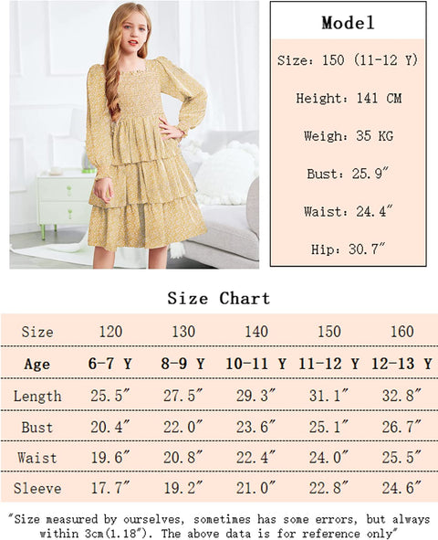 Arshiner Girls Long-Sleeve Tiered Dresses Square Neck Lantern Smocked Ruffle Layered Tie Back Dress