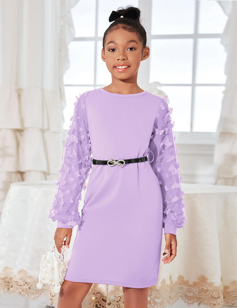 Arshiner Girls Dresses Appliques Mesh Sleeve Self Belted Formal Party Dress