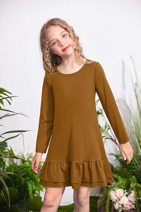 Arshiner Girls Cotton Long Sleeve A-Line Ruffle Hem Dress