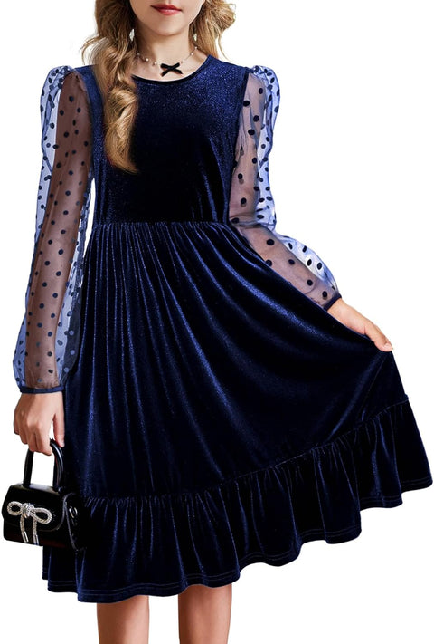 Arshiner Girls Dresses Contrast Mesh Velvet Long Sleeve A-Line Vintage Party Dress with Pockets