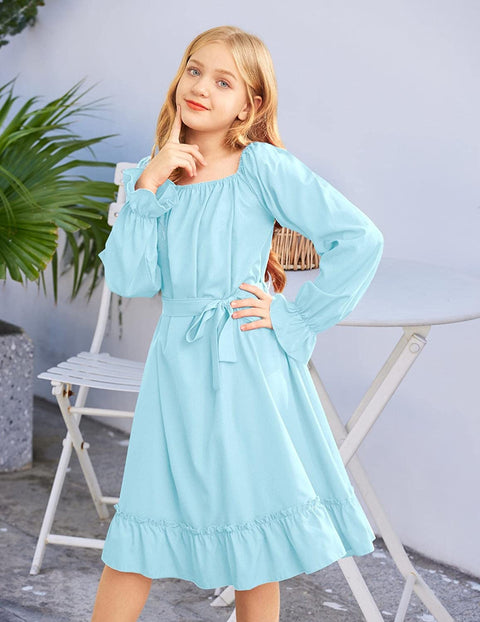 Arshiner Girls Long Sleeve Dress Holiday Party Casual Ruffle Flowy Swing Midi Dresses 5-14 Years