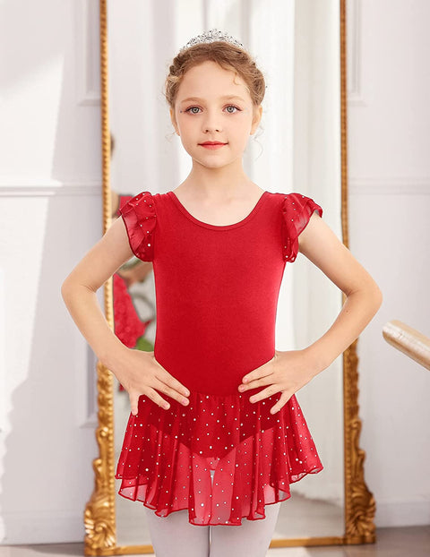 Arshiner Girls Shiny Ruffle Sleeve Ballet Leotard with Skirt