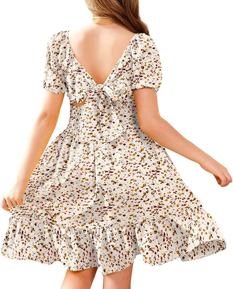 Arshiner Girls Tie Back Short Sleeve Ruffle Hem Off Shoulder Dresses