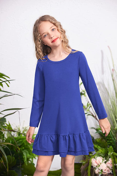 Arshiner Girls Cotton Long Sleeve A-Line Ruffle Hem Dress