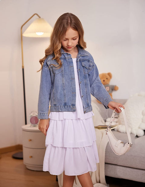 Arshiner Girls Long-Sleeve Tiered Dresses Square Neck Lantern Smocked Ruffle Layered Tie Back Dress