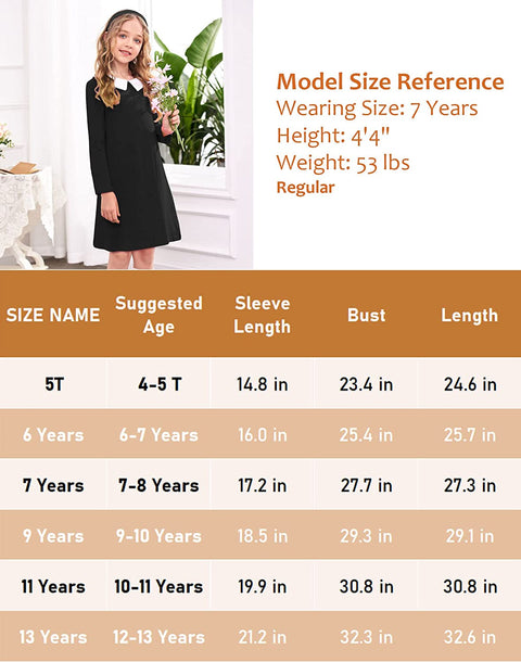 Arshiner Girls Long Sleeve Vintage Peter Pan Collar T-Shirt Dress Age 4-13 Years