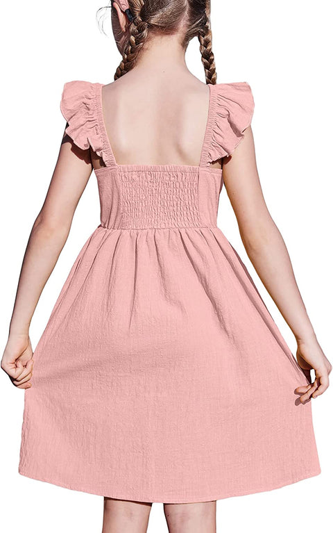 Arshiner Girls Linen Ruffle Backless Dress