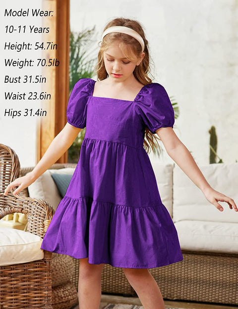 Arshiner Girls Dress Short Puff Sleeve Loose Tiered Ruffle Casual Dresses Square Neck