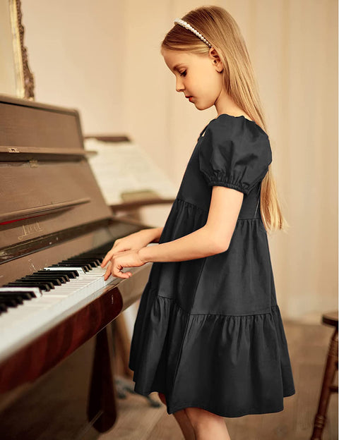 Arshiner Girls Dress Short Puff Sleeve Loose Tiered Ruffle Casual Dresses Square Neck