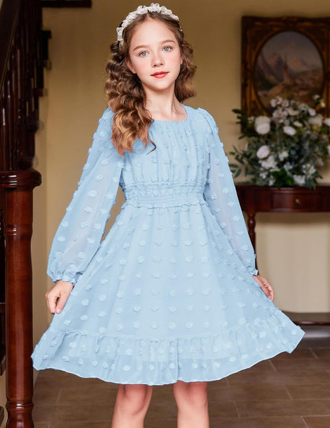 Arshiner Girls Dresses Long Sleeve Square Neck Swiss Dot Casual Flowy Dress