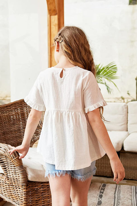 Arshiner Girls Cotton Linen Short Sleeve Blouses Ruffles Tunic Tops Summer Beach Tee Shirt