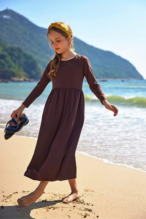 Arshiner Girls Long Sleeve Solid Loose Casual Maxi Dress