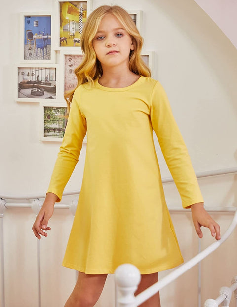 Arshiner Girls Dress Kids Long Sleeve Solid Color Casual T-Shirt Dress