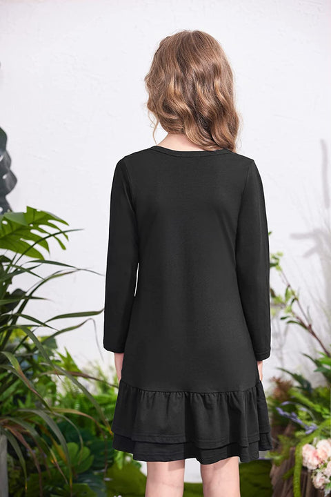 Arshiner Girls Cotton Long Sleeve A-Line Ruffle Hem Dress