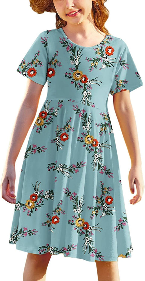 Arshiner Girls Floral Dress Short Sleeve Summer Dresses Skater Twirl Sundress for Girls 4-13 Years