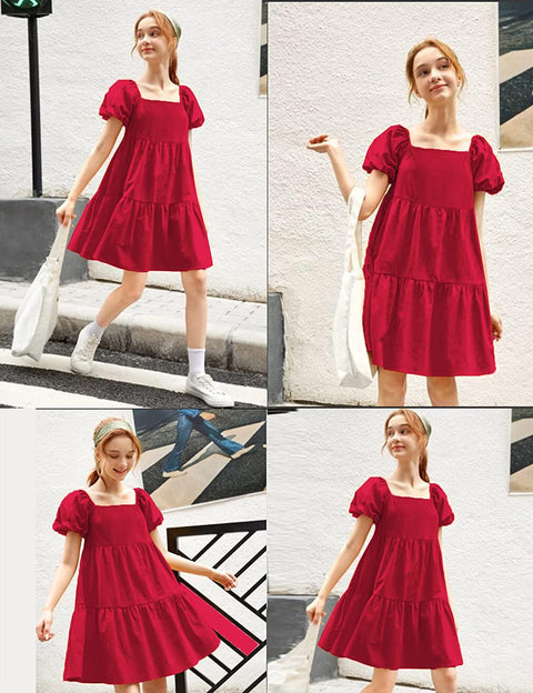 Arshiner Girls Dress Short Puff Sleeve Loose Tiered Ruffle Casual Dresses Square Neck