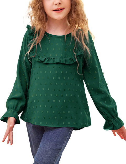Arshiner Girls Long Sleeve Shirts Swiss Dot Blouses Crewneck Ruffle Tunic Tops Casual Blouses Cute