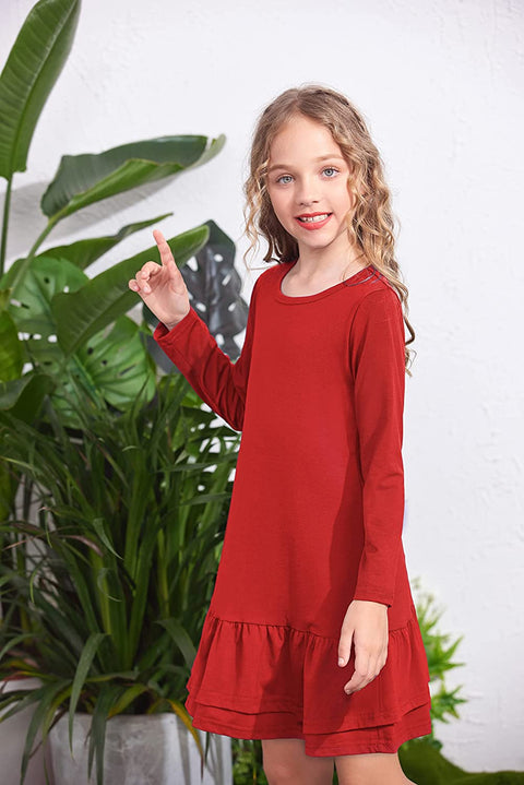 Arshiner Girls Cotton Long Sleeve A-Line Ruffle Hem Dress