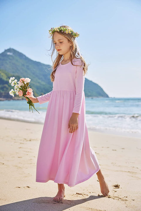 Arshiner Girls Long Sleeve Solid Loose Casual Maxi Dress