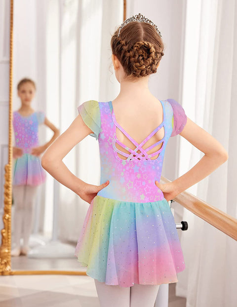 Arshiner Girls Shiny Ruffle Sleeve Ballet Leotard with Skirt