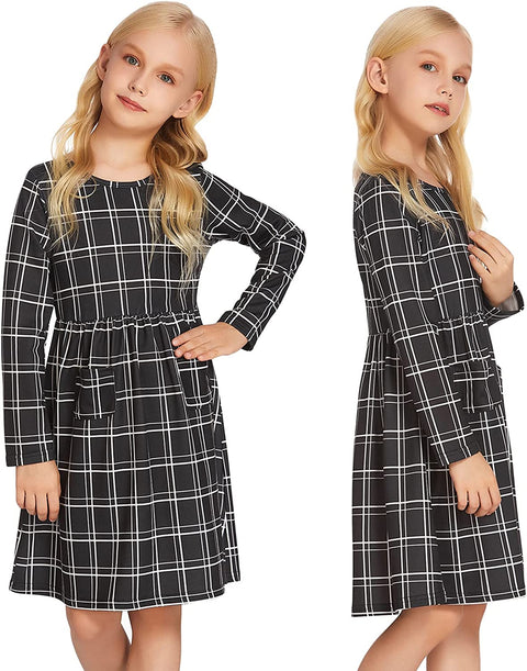 Arshiner Little Girls Dress Long Sleeve Casual Skater Pocket Dress