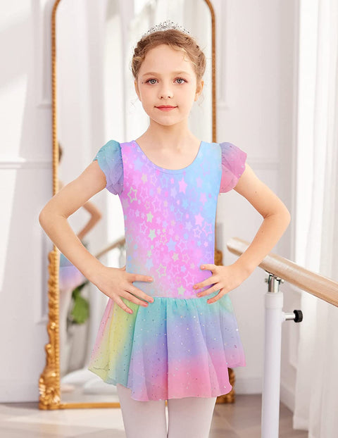 Arshiner Girls Shiny Ruffle Sleeve Ballet Leotard with Skirt