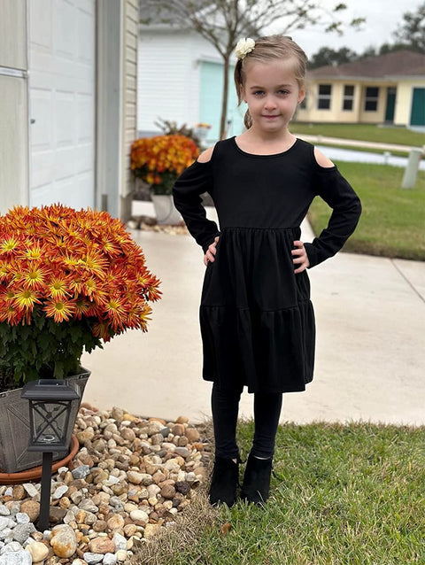 Arshiner Girls Long Sleeve Cold Shoulder Tiered Ruffle Pleated Pockets Dress for 4-14 Years