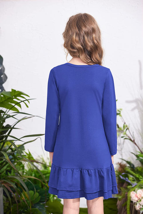 Arshiner Girls Cotton Long Sleeve A-Line Ruffle Hem Dress