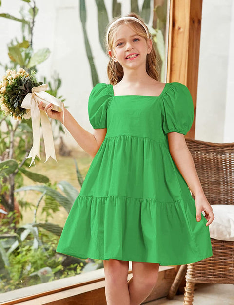 Arshiner Girls Dress Short Puff Sleeve Loose Tiered Ruffle Casual Dresses Square Neck