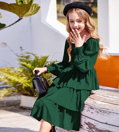 Arshiner Girls Long-Sleeve Tiered Dresses Square Neck Lantern Smocked Ruffle Layered Tie Back Dress