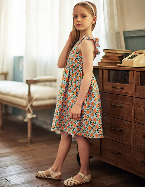 Arshiner Girls Linen Ruffle Backless Dress