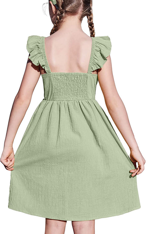 Arshiner Girls Linen Ruffle Backless Dress