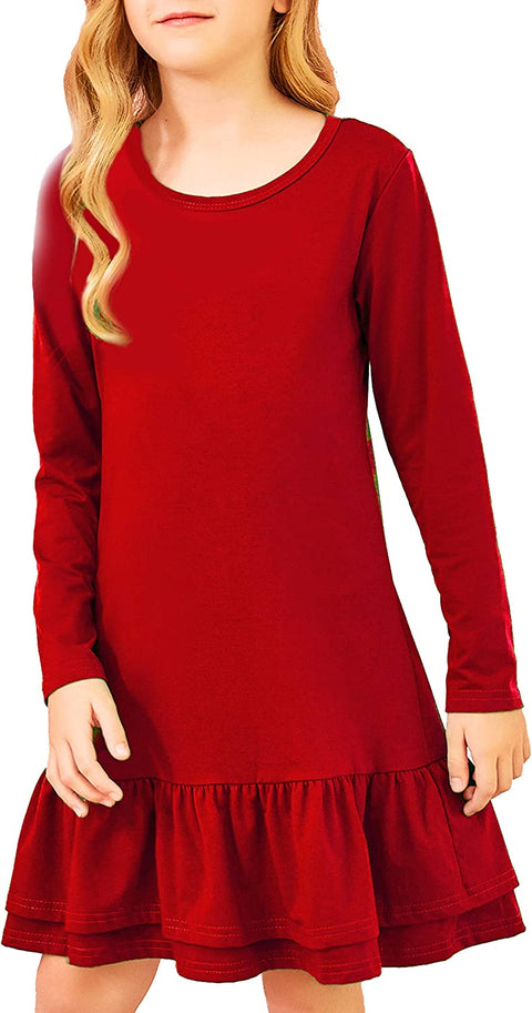Arshiner Girls Cotton Long Sleeve A-Line Ruffle Hem Dress