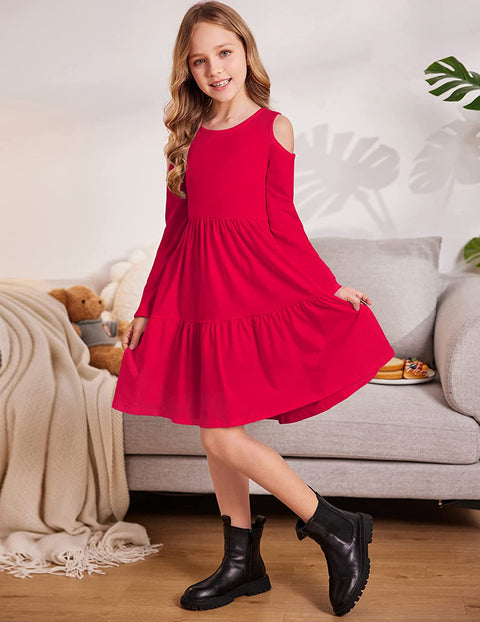 Arshiner Girls Long Sleeve Cold Shoulder Tiered Ruffle Pleated Pockets Dress for 4-14 Years