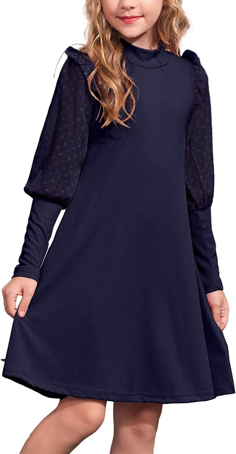Arshiner Girl's Sheer Contrast Mesh Long Sleeve Stand Collar Casual Vintage A-line Party Dress for 5-13 Years