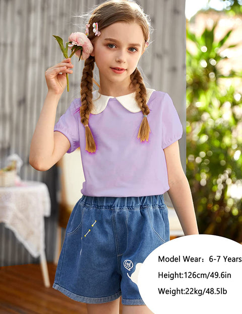 Arshiner Girls Long/Short Sleeve Tops Basic Peter Pan Collar T-Shirts Soft Blouses Tees