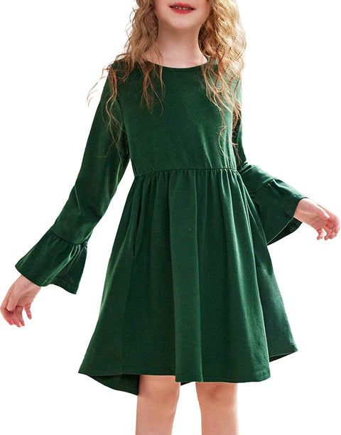 Arshiner Girls Long Sleeve Floral Pleated Swing Dress Kids Casual Dresses with Pockets for 4-13 Years
