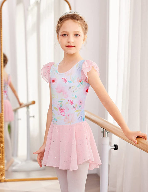 Arshiner Girls Shiny Ruffle Sleeve Ballet Leotard with Skirt